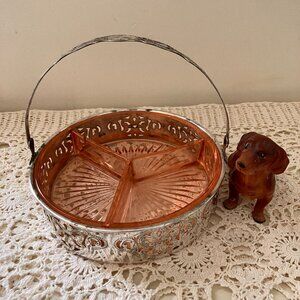 Vintage Viking Pink Depression Glass Relish Tray/Catch All Tray -Silver Basket